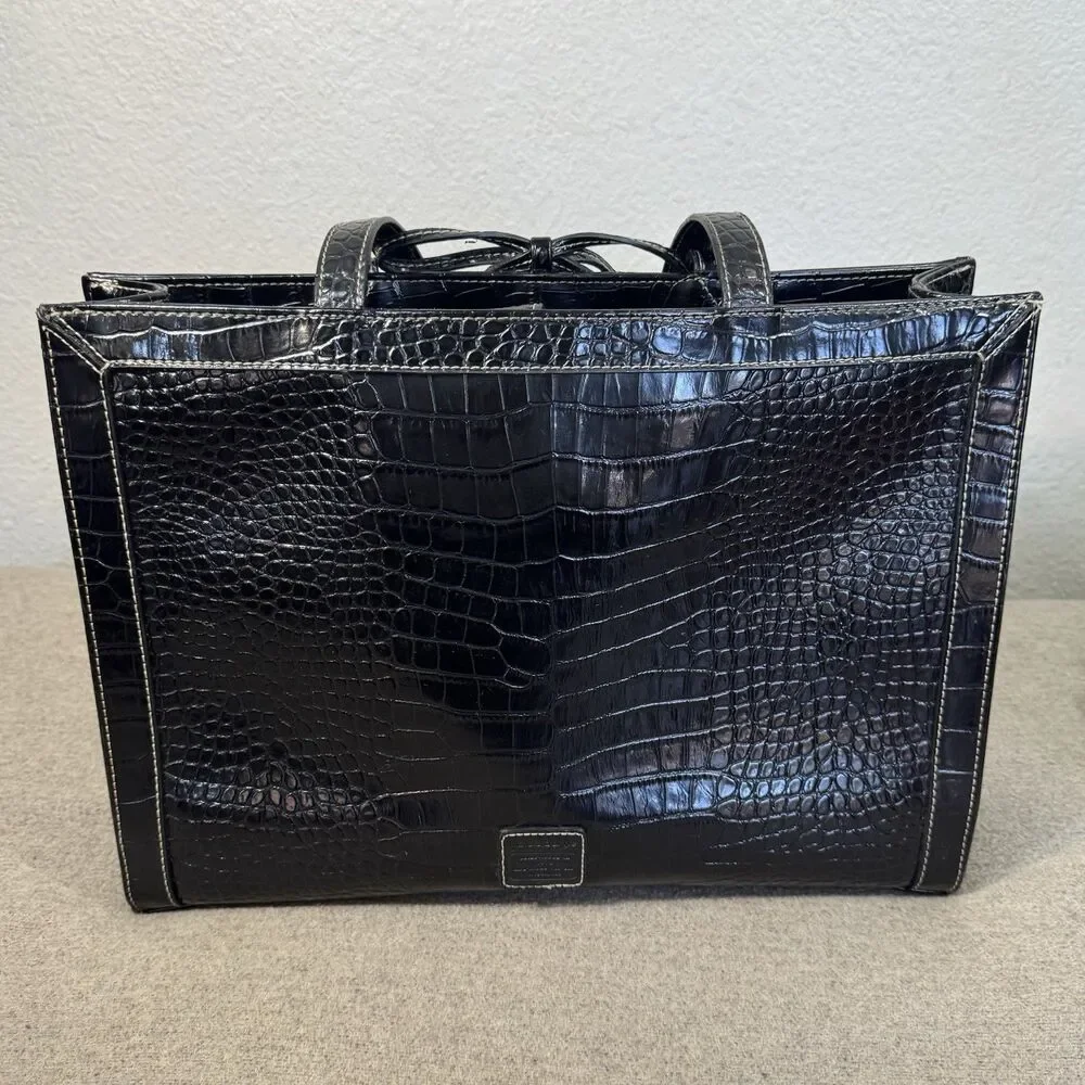 VTG Liz Claiborne Tote Bag Black Faux Croc 15x11 Structured Purse Wallet Mirror